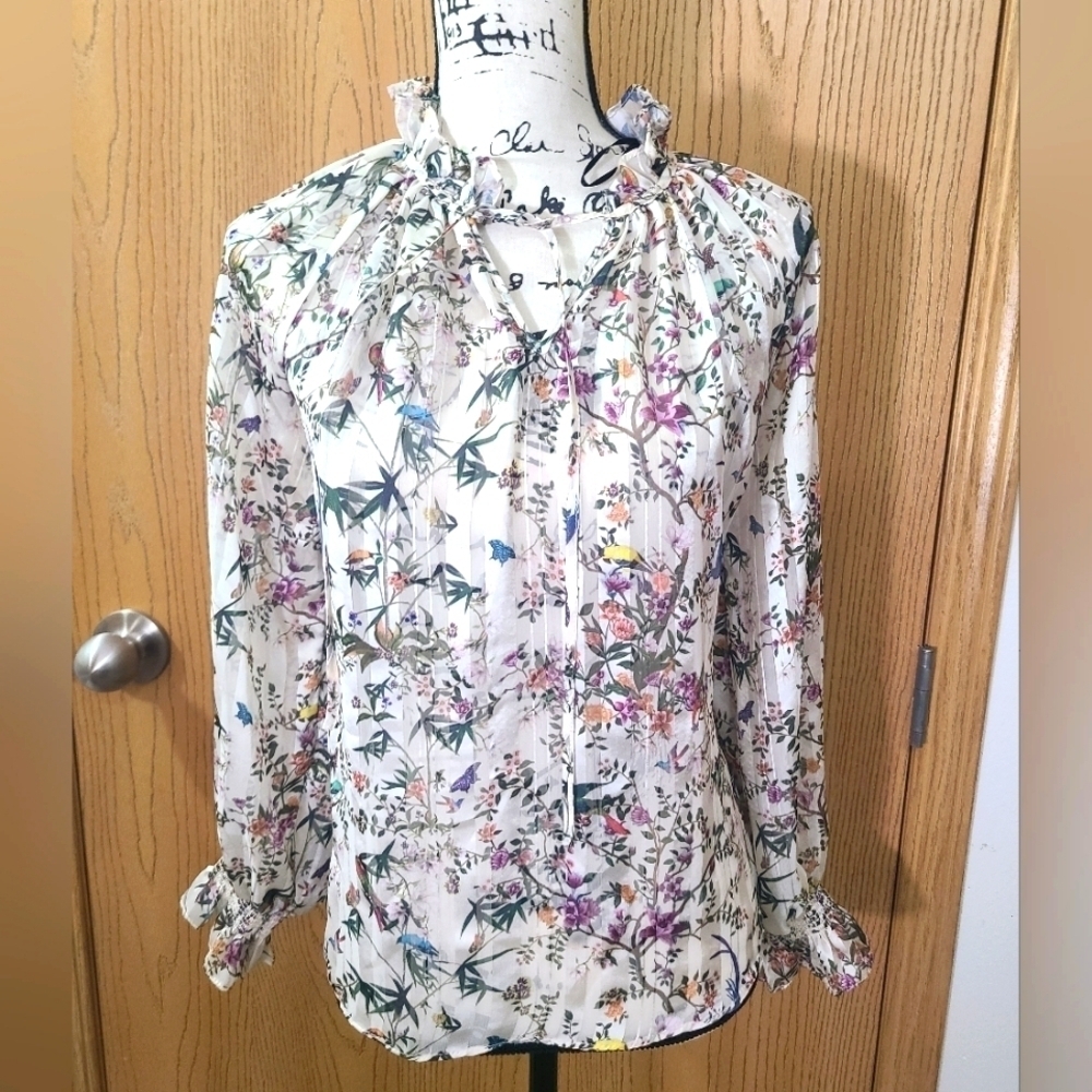 H&M Bird Floral Print Striped Sheer Ruffle Collar Top